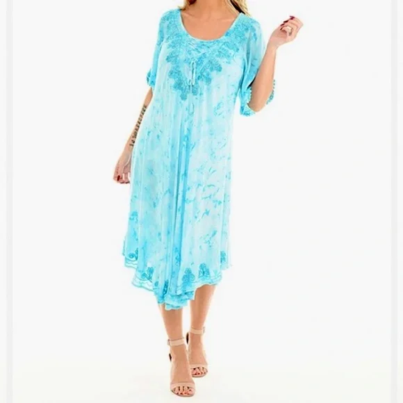 SHORELINE Summer Shift Dress
Women Size 2X Turquoise Short-Sleeve Embroidered - Picture 5 of 8
